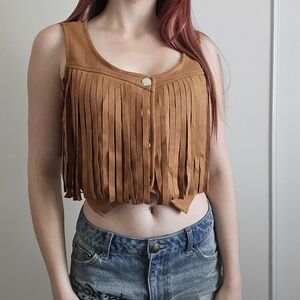NWT Sweaty Rocks Fringe Brown Suede cowgirl style cropped vest shirt with Button